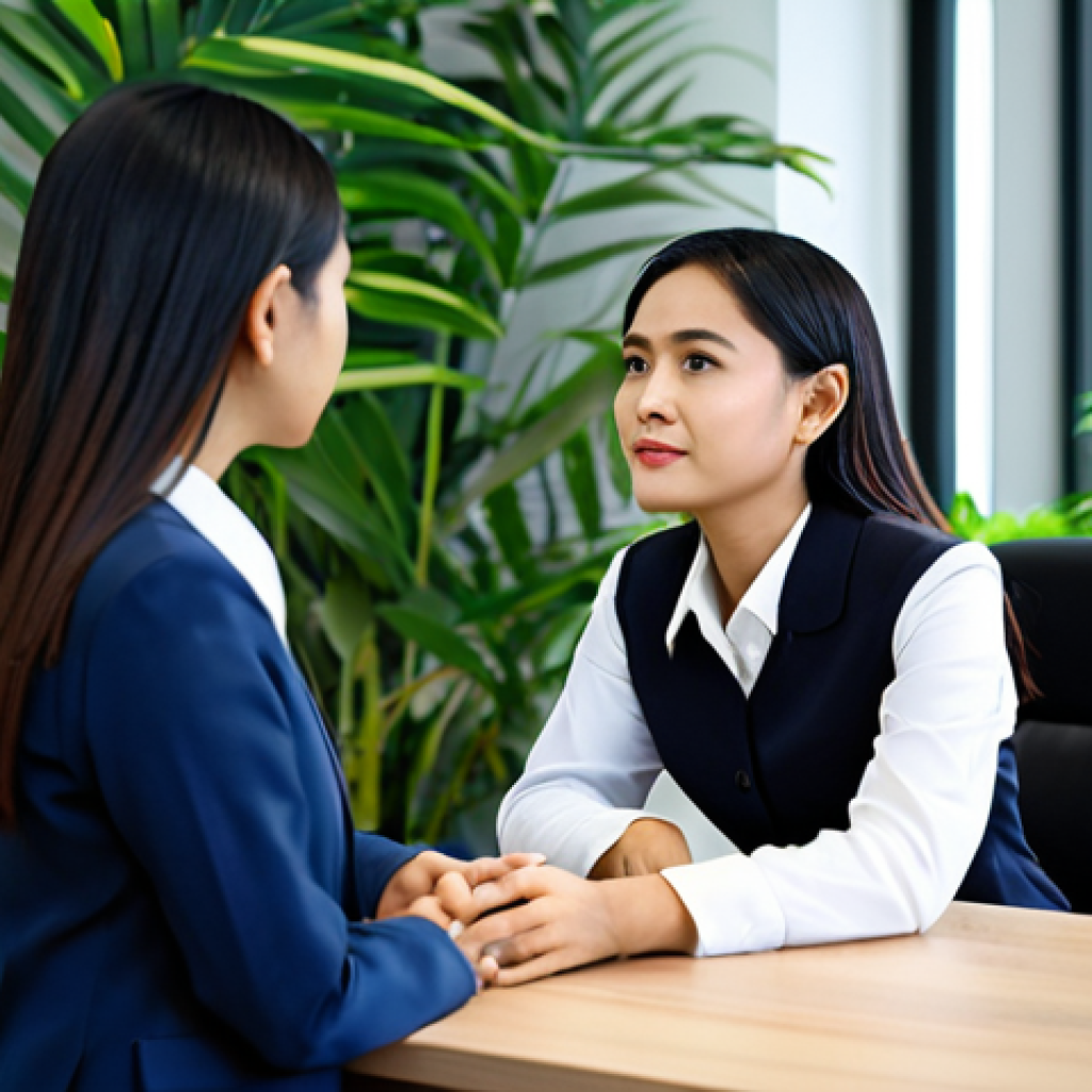 Empathetic Listener**
A Thai woman in professional attire, fully clothed in a modest blouse and skirt, attentively listening to a colleague in a modern office setting filled with plants. Focus on her kind eyes and open body language. Perfect anatomy, correct proportions, well-formed hands, natural pose. Safe for work, appropriate content, family-friendly, professional environment.
**
