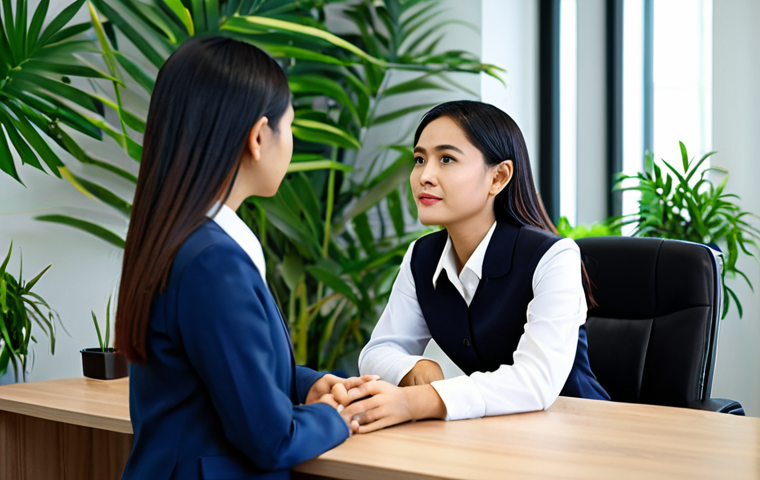 Empathetic Listener**
A Thai woman in professional attire, fully clothed in a modest blouse and skirt, attentively listening to a colleague in a modern office setting filled with plants. Focus on her kind eyes and open body language. Perfect anatomy, correct proportions, well-formed hands, natural pose. Safe for work, appropriate content, family-friendly, professional environment.
**