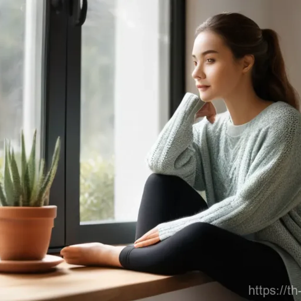 비폭력 커뮤니케이션과 감정 표현 - **Prompt: A young woman in her late 20s sits peacefully by a large window, a warm mug in her hands. ...