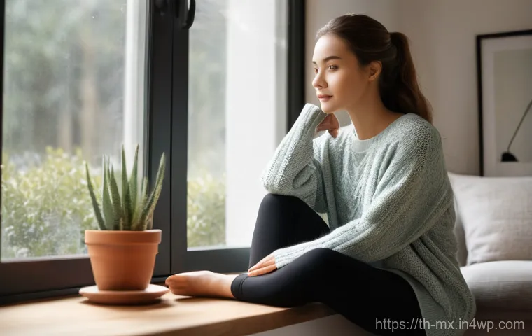 비폭력 커뮤니케이션과 감정 표현 - **Prompt: A young woman in her late 20s sits peacefully by a large window, a warm mug in her hands. ...