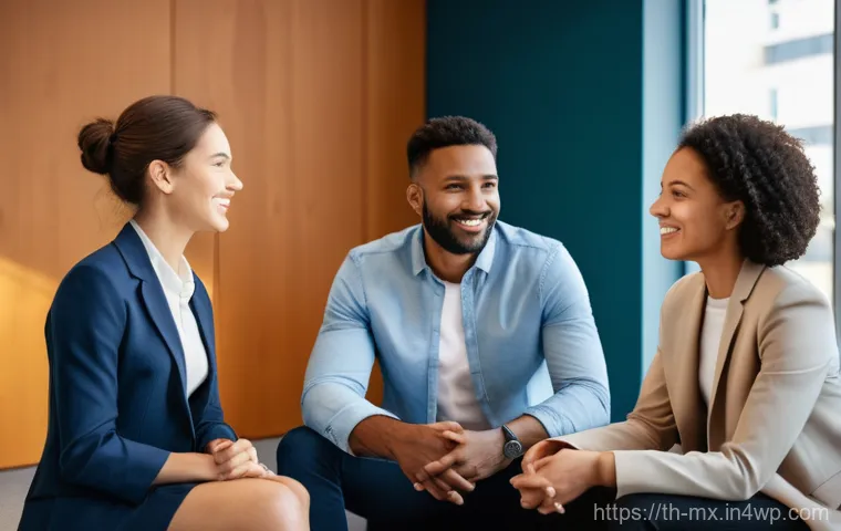 비폭력 커뮤니케이션으로 조직 문화 변화시키기 - **Prompt:** A diverse group of 4-5 adult professionals, comprising mixed genders and various ethnici...