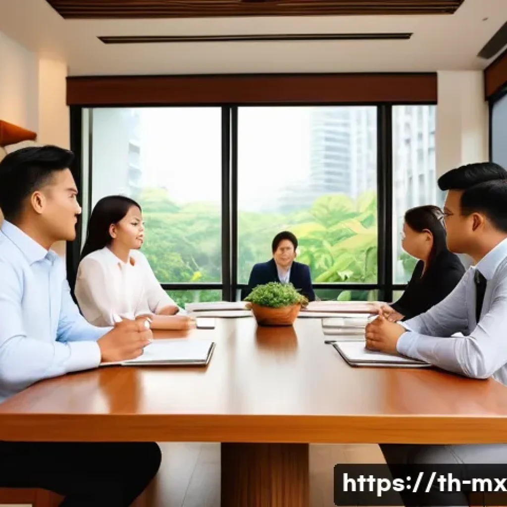 비폭력 커뮤니케이션과 갈등의 본질 - A warm and inviting office meeting room in Bangkok with diverse Thai coworkers sitting around a wood...