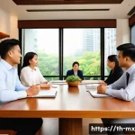비폭력 커뮤니케이션과 갈등의 본질 - A warm and inviting office meeting room in Bangkok with diverse Thai coworkers sitting around a wood...