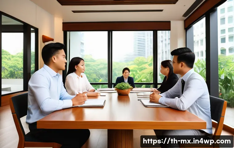비폭력 커뮤니케이션과 갈등의 본질 - A warm and inviting office meeting room in Bangkok with diverse Thai coworkers sitting around a wood...