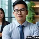 비폭력 커뮤니케이션의 성공적인 적용 사례 - A diverse group of Thai office workers in a modern Bangkok office space, attentively listening to a ...