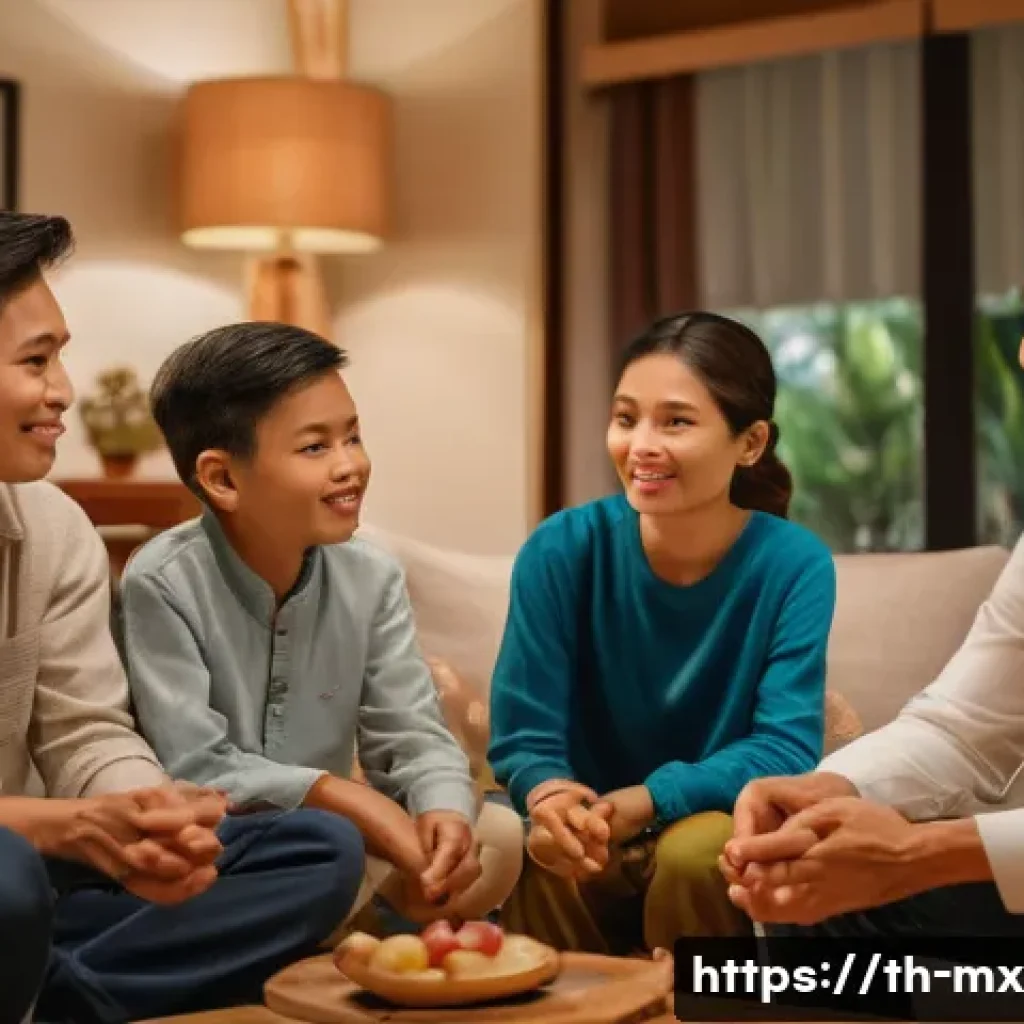 비폭력 커뮤니케이션의 사례 연구 - A diverse group of Thai family members sitting together in a warm, cozy living room, engaging in a c...
