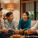 비폭력 커뮤니케이션의 사례 연구 - A diverse group of Thai family members sitting together in a warm, cozy living room, engaging in a c...