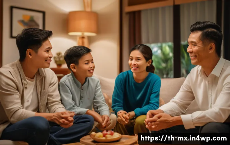 비폭력 커뮤니케이션의 사례 연구 - A diverse group of Thai family members sitting together in a warm, cozy living room, engaging in a c...