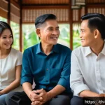 비폭력 커뮤니케이션의 효과적인 연습 방법 - A peaceful family scene inside a modern Thai home living room, featuring three generations sitting t...