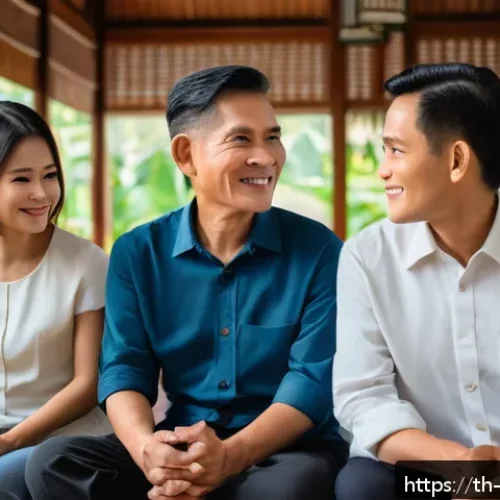 비폭력 커뮤니케이션의 효과적인 연습 방법 - A peaceful family scene inside a modern Thai home living room, featuring three generations sitting t...