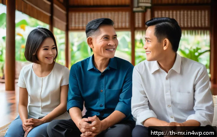 비폭력 커뮤니케이션의 효과적인 연습 방법 - A peaceful family scene inside a modern Thai home living room, featuring three generations sitting t...