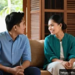 비폭력 커뮤니케이션을 통한 건강한 관계 유지 - A calm and cozy Thai home living room scene showing two adult Thai individuals engaged in a respectf...