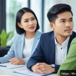 비폭력 커뮤니케이션의 역사 - A diverse group of Thai professionals in a modern office setting, practicing nonviolent communicatio...
