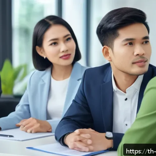 비폭력 커뮤니케이션의 역사 - A diverse group of Thai professionals in a modern office setting, practicing nonviolent communicatio...
