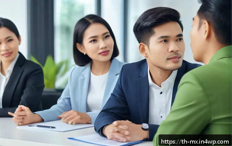 비폭력 커뮤니케이션의 역사 - A diverse group of Thai professionals in a modern office setting, practicing nonviolent communicatio...