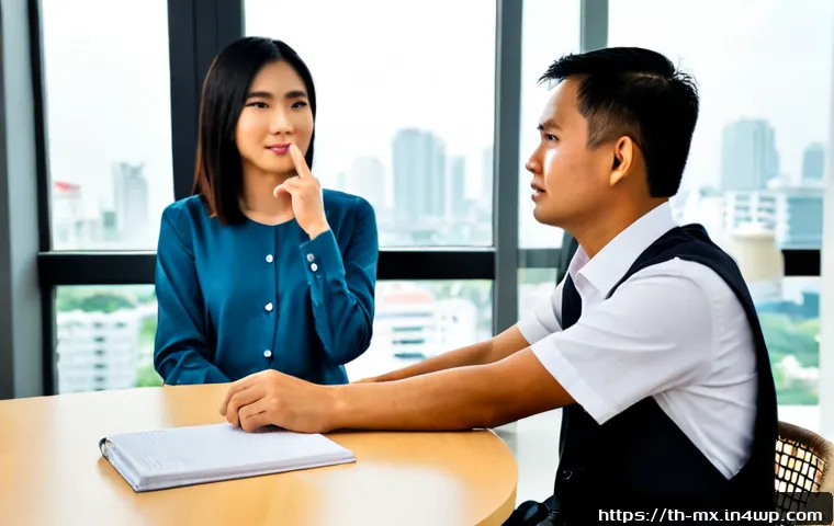 Home 17 비폭력 커뮤니케이션의 실제 적용 - Photorealistic scene of two Thai coworkers practicing nonviolent communication in a bright modern Ba...